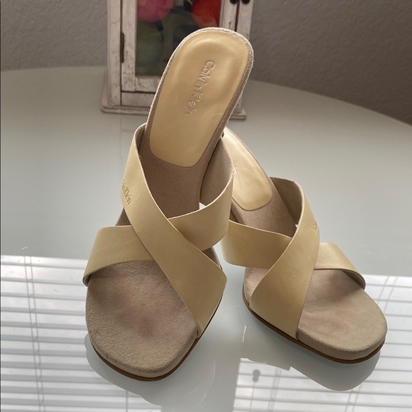 Calvin Klein Cream High Heel Sandals with Crisscross Straps - Picture 7 of 8
